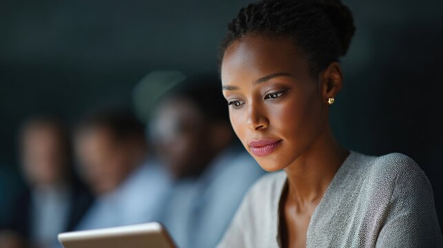 Focused Businesswoman: Captivating image of an African American businesswoman engrossed in work.