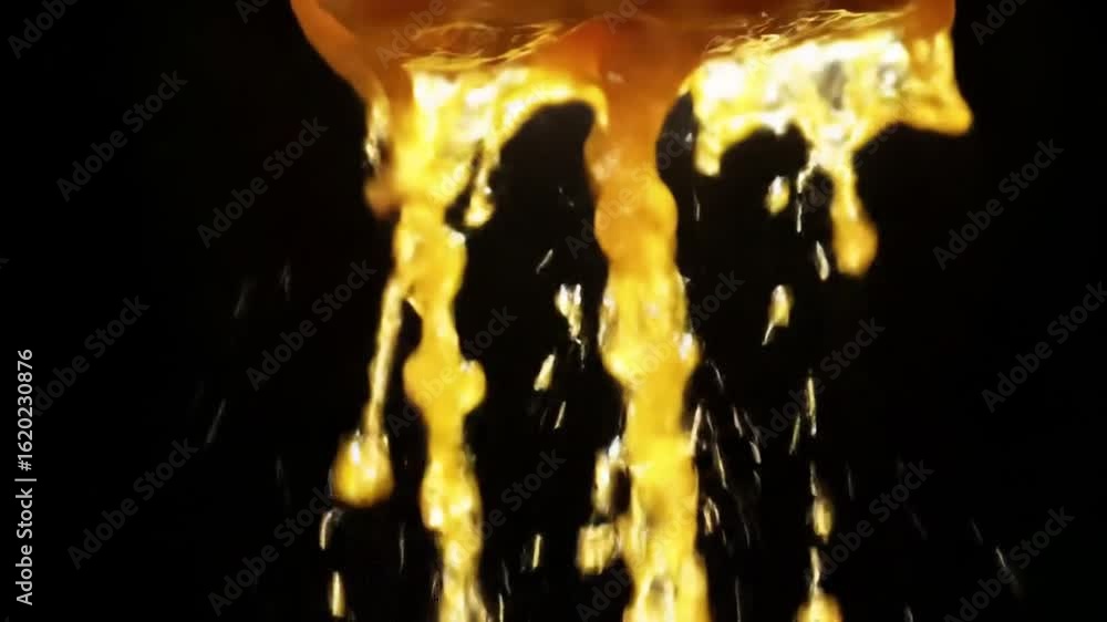 Poster golden liquid cascades downwards, creating a dynamic and visually appealing display against a dark b
