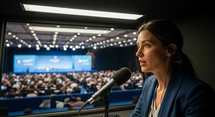 Woman in blue blazer speaks into microphone in control room overlooking conference