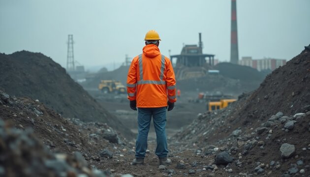 Worker in orange safety jacket, yellow helmet stands at vast dump site. Heavy machinery operates amidst piles of debris. Focus on environmental cleanup, waste management operations in hazardous