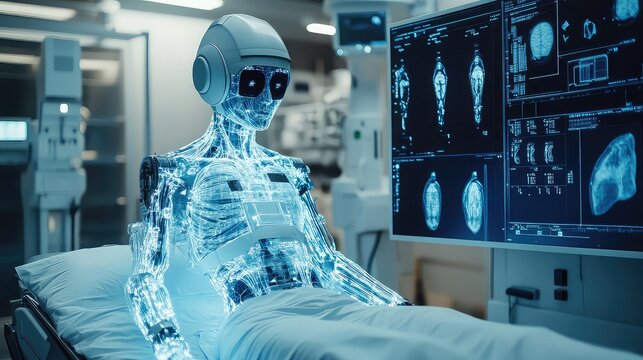 Medical diagnostics robot scanning patient body using multispectral imaging and AI anomaly detection software