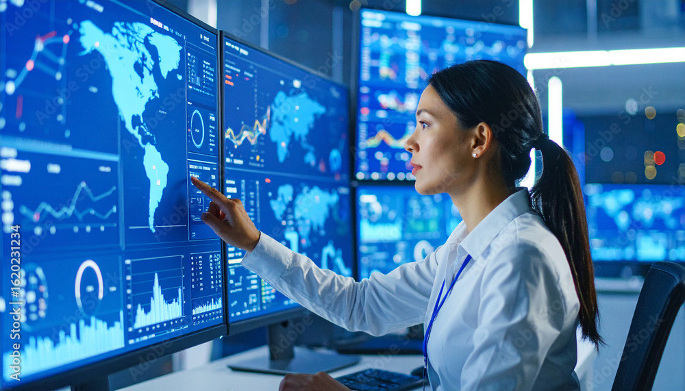 Aufkleber data analyst at work: a focused data analyst, immersed in a sea of information, meticulously examine