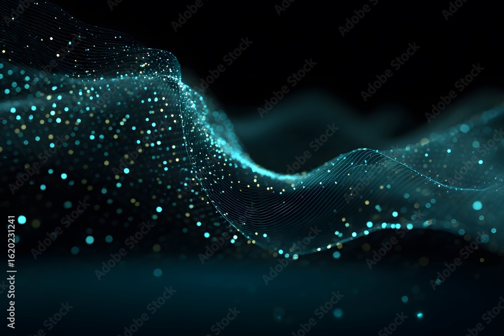 Poster abstract background with a digital wave of dots and lines in blue-green colors on a dark background