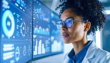 Focused Professional Analyzing Data: A focused professional, bathed in the cool glow of digital displays, meticulously analyzes intricate datasets.