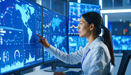 Data Analyst at Work: A focused data analyst, immersed in a sea of information, meticulously examines intricate charts and graphs displayed across an array of high-tech monitors.