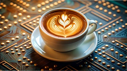 Photo of a beautifully crafted cup of coffee with intricate latte art, presented on a saucer against a backdrop of glowing technological circuits and patterns