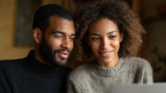 Focused Partnership: Close-up of an intimate moment, a couple of diverse individuals engrossed in their collaborative activity, each pair eyes glued to a screen. - Powered by Adobe