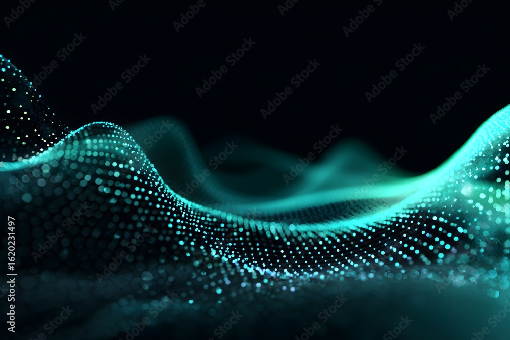 Poster abstract background with a digital wave of dots and lines in blue-green colors on a dark background