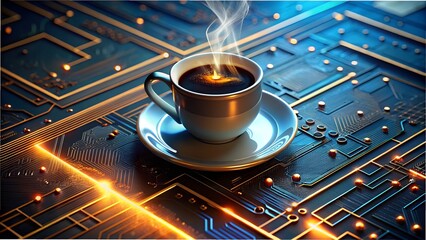 Photo of a steaming cup of coffee sits on a saucer atop a detailed technological circuit board, illuminated by vibrant orange and blue lights