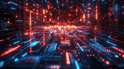 Neon-infused cognitive computing unit illustration featuring virtual circuits, layered processors, and futuristic AI signal paths in vibrant digital art