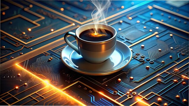 Photo of a steaming cup of coffee sits on a saucer atop a detailed technological circuit board, illuminated by vibrant orange and blue lights