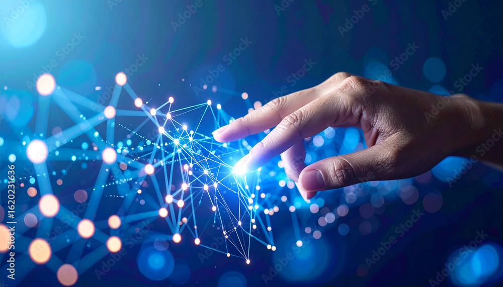 Poster connecting the dots: a hand interacts with an intricate network of glowing lights, representing the 