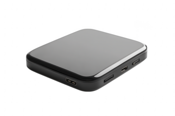 Modern black portable power bank with usb ports for charging devices isolated on transparent background