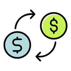 Currency exchange icon, depicting the transfer of money between two entities isolated on white background