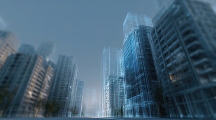 Fototapeta premium City Skyline: A captivating perspective of towering skyscrapers stretching towards the overcast sky, showcasing modern urban architecture