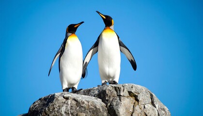 Fototapeta premium Majestic king penguins basking under a radiant sky on rocky promontory in antarctica
