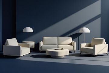 Modern Living Room Set in a Navy Blue Interior with Sunlight Shadows