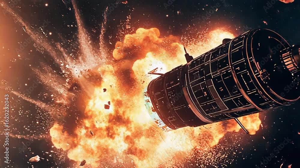 Poster spaceship exploding in deep space with debris and fire