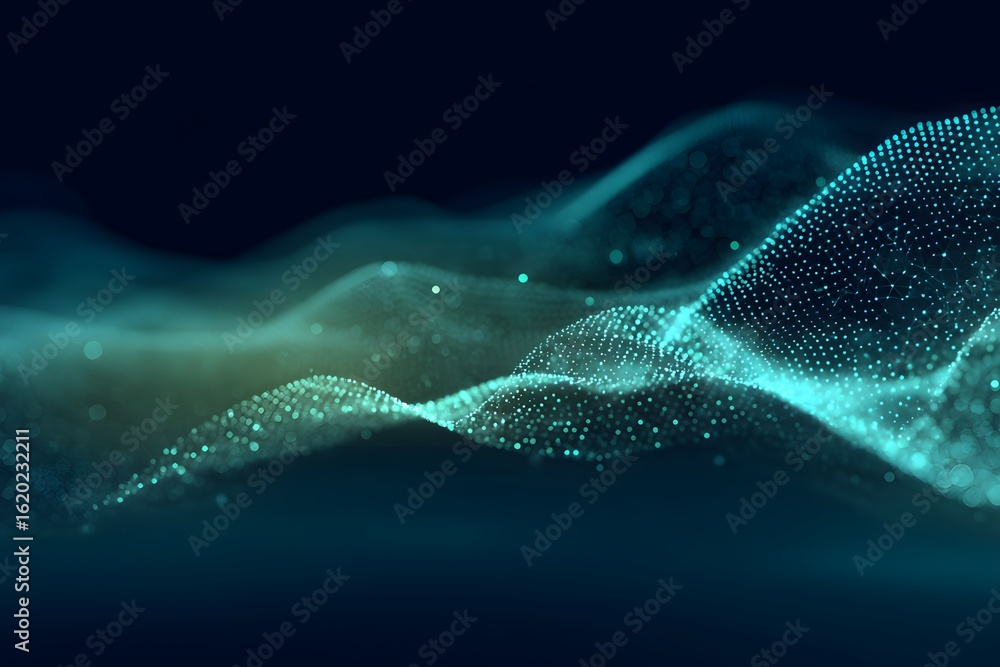 Poster abstract background with a digital wave of dots and lines in blue-green colors on a dark background