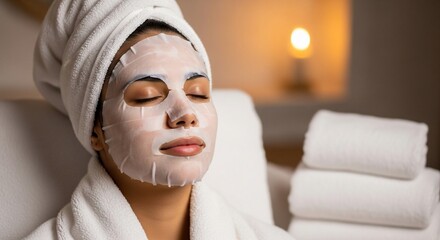 Woman with facial sheet mask and towel turban relaxing in spa