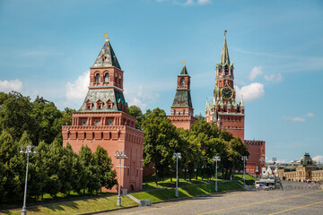 View of the Kremlin from the Bolshoy Moskvoretsky Bridge on a clear sunny day, Moscow.  Sights of Russia. Architecture of World tourism.