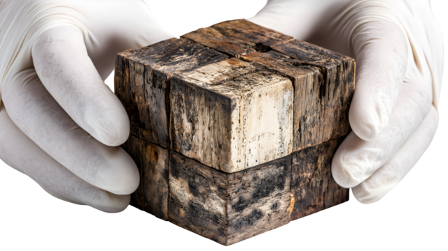 Aged Wooden Puzzle Cube Held by Gloved Hands 
