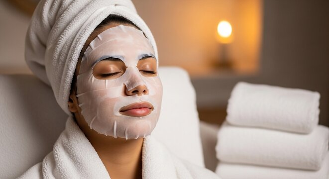 Woman with facial sheet mask and towel turban relaxing in spa - Powered by Adobe