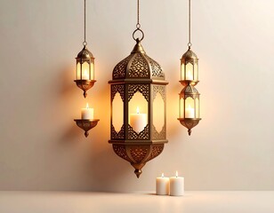 Obraz premium Golden lanterns and candles on light beige background