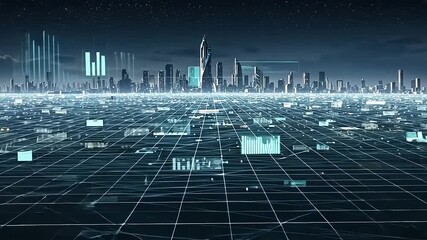 Futuristic city skyline at night with digital grid overlay and data visualizations in background - Powered by Adobe