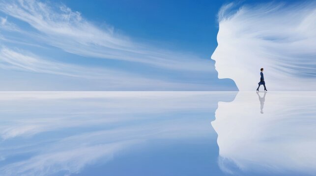 Reflection of self-discovery serene landscape digital art tranquil environment surreal viewpoint inner journey