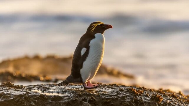 Majestic Fiordland Crested Penguin Stands Tall on Rocky Shoreline at Sunset New Zealand Wildlife Scene Perfect for Nature Documentaries and Conservation Projects