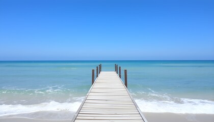 Fototapeta premium Wooden pier extends towards the horizon over calm ocean waters under a clear blue sky.