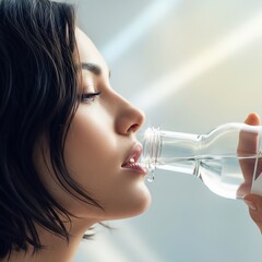 Short-haired woman drinks from stylish bottle, water drop on her lip glowing in soft light. Bright abstract background with copy space for design or text.
