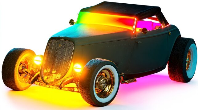 Electric hot rod with neon underglow urban street vintage car showcase nighttime setting dynamic viewpoint - Powered by Adobe
