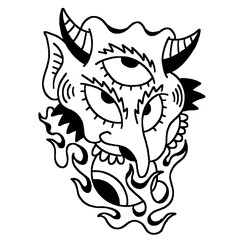 Demonic mask illustration with three eyes, horns, and flames
