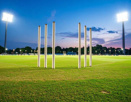 Cricket Stumps on Green Field with Stadium Background - Powered by Adobe