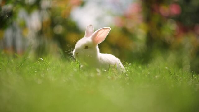 White rabbit exploring lush green grass in a vibrant garden during a sunny afternoon