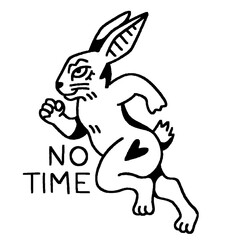 Running rabbit character with 'No Time' text, hand-drawn style