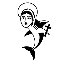 Surreal illustration of a saint and dolphin with a cross
