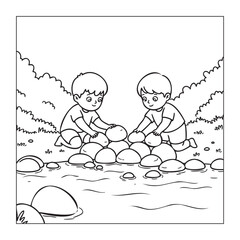 Two Boys Playing with Stones by a River, Friendship Coloring Page