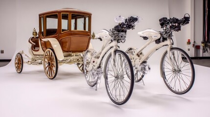 Electric conversion of classic carriage with bicycle attachments studio showcase modern vintage artistic presentation