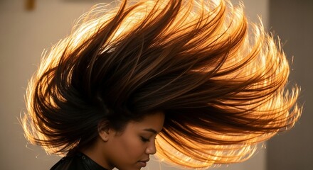 Woman's long brown hair dramatically flowing in golden sunlight