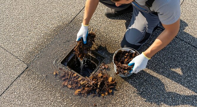 Worker cleaning clogged roof drain with leaves and debris