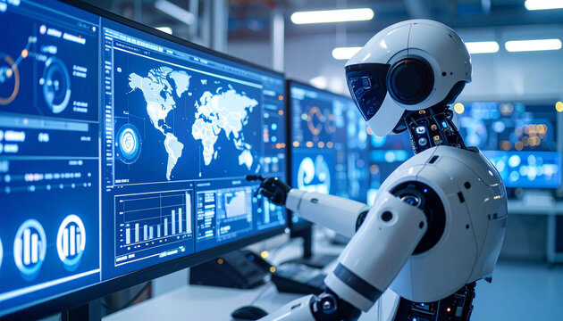 Robot Technology Interaction: A sleek, intelligent robot interacts with multiple computer screens displaying data and intricate global maps in a cutting-edge control room.