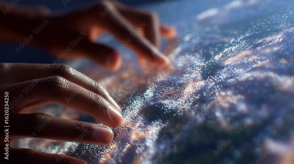 Aufkleber interactive touch on a digital globe showcasing global connections at a tech demonstration or innova