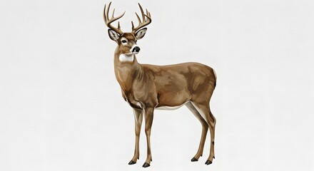 Watercolor Illustration of a Majestic White-tailed Deer Buck on White Background