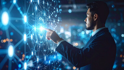 Modern Tech Integration: A focused professional, attired in formal attire, navigates a sophisticated digital interface with concentrated attention, epitomizing innovation.