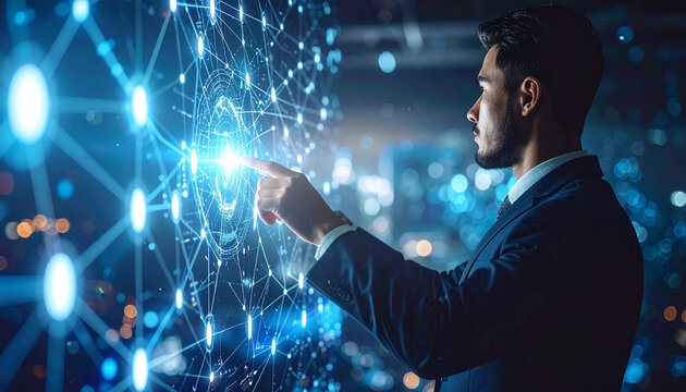 Modern Tech Integration: A focused professional, attired in formal attire, navigates a sophisticated digital interface with concentrated attention, epitomizing innovation. - Powered by Adobe