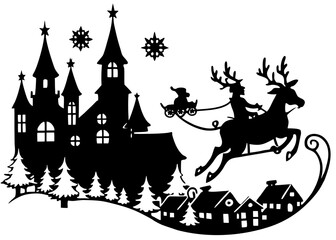 Fototapeta premium Santa and Reindeer Flying Sleigh Over Town – Christmas Linocut Silhouette