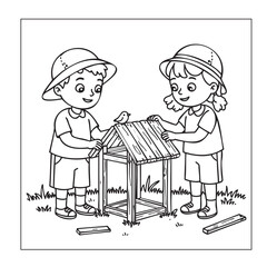 Boy and Girl Building a Birdhouse Together, Teamwork Coloring Page

